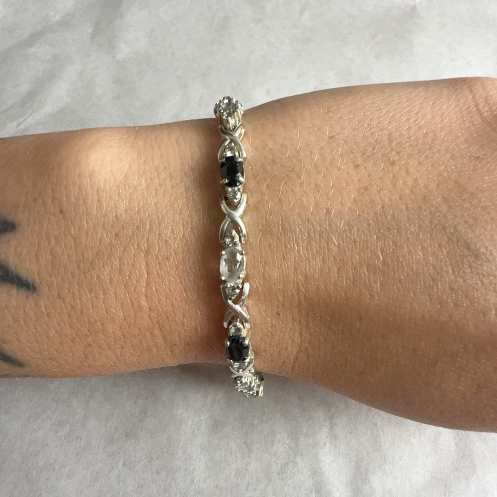 Sterling Silver 925 Blue Gemstone Tennis Bracelet 7.5in Lobster Clasp Womens